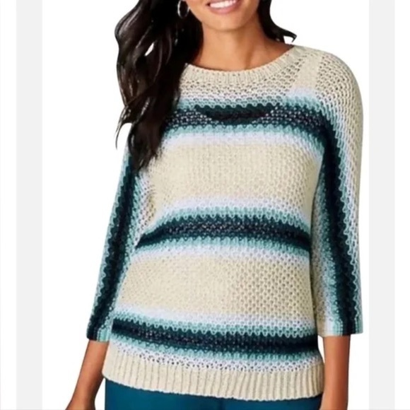 J.Jill Linen Blend Open-Stitch Crochet Sweater Cream Blue Ombre Striped Medium - Picture 1 of 4
